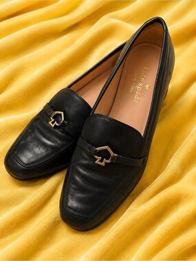 kate spade Black Leather Loafers with Gold Spade Accent